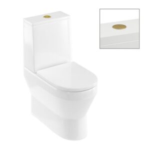 Britton Curve2 Rimless Close Coupled Back To Wall Toilet with Brushed Brass Flush Button + Soft Close Seat