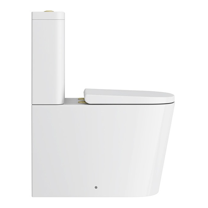 Arezzo Square BTW Close Coupled Rimless Toilet with Soft Close Seat (Brushed Brass Flush + Hinges) - Image 3