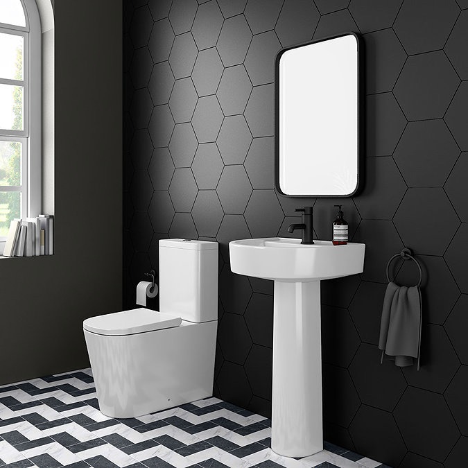 Arezzo Square BTW Close Coupled Rimless Toilet with Soft Close Seat (Matt Black Flush + Hinges) - Image 2