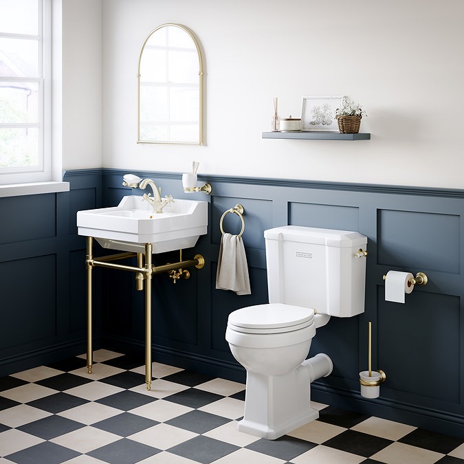 Trafalgar Close Coupled Traditional Toilet – White Ceramic WC with Brushed Brass Flush & Soft Close Seat - Image 4