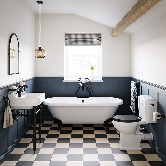 Trafalgar Close Coupled Traditional Toilet - White Ceramic WC with Matt Black Flush & Soft Close Seat - Image 4
