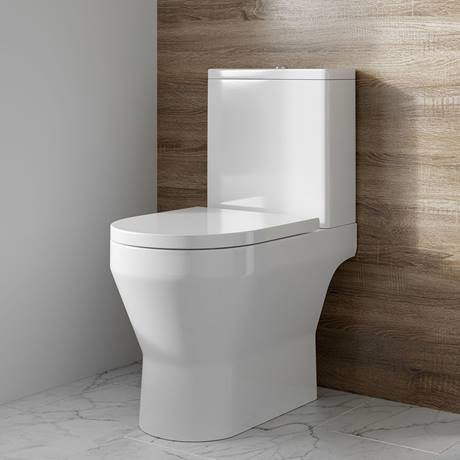 Britton Curve2 Rimless Close Coupled Open Back Toilet with Brushed Brass Flush Button + Soft Close Seat - Image 2
