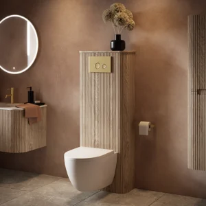 Arezzo Slatted Light Oak Tall WC Unit with Cistern Frame, Brushed Brass Flush Plate & White Wall Hung Pan