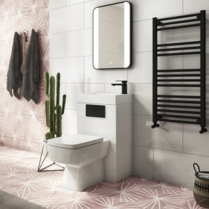 Brooklyn White Gloss Combined Two-In-One Wash Basin, Toilet & Matt Black Flush Plate (500mm wide x 300mm)
