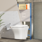 VitrA Evi Square Rimless Toilet with Soft-Close Seat + Concealed WC Dual Flush Cistern with Wall Hung Frame (Brushed Gold Flush Plate)