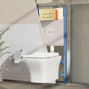 VitrA Evi Square Rimless Toilet with Soft-Close Seat + Concealed WC Dual Flush Cistern with Wall Hung Frame (Brushed Gold Flush Plate)