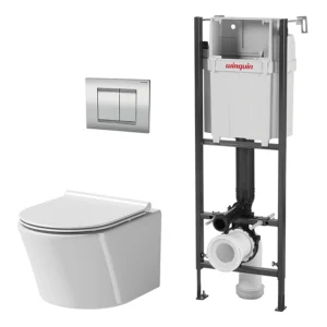 Wirquin Initio 1m Wall Hung WC Frame Inc. Chrome Plate + Toilet with Slim Soft Close Seat
