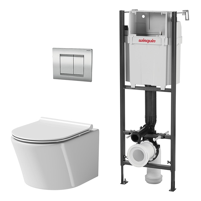 Wirquin Initio 1m Wall Hung WC Frame Inc. Chrome Plate + Toilet with Slim Soft Close Seat