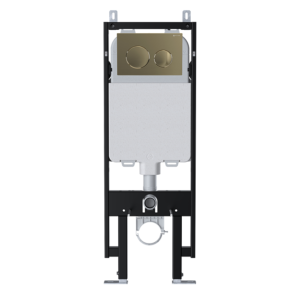 Viva Skylo Ultra Slim Wall Hung Frame with Ultra14 Brushed Brass Dual Flush Plate - Round Buttons