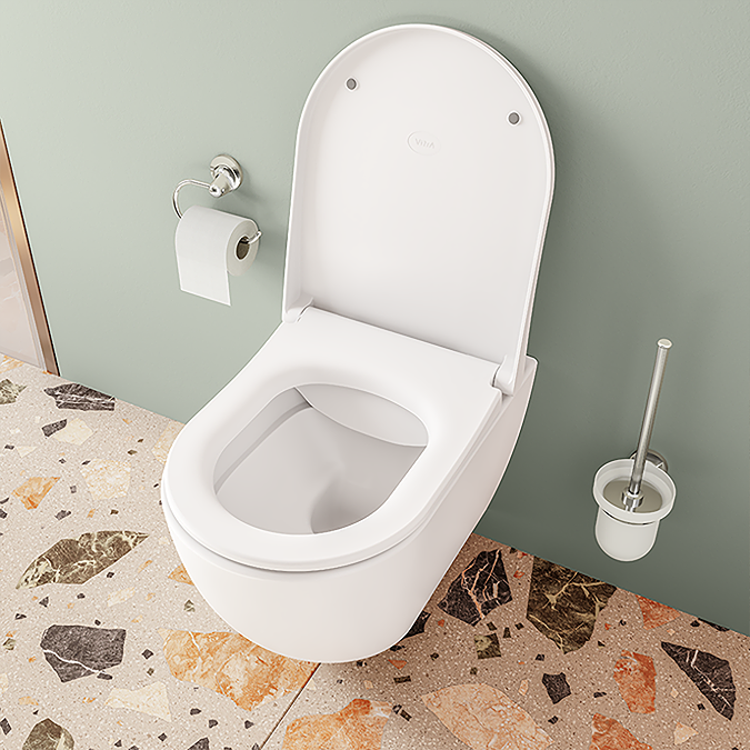VitrA Evi Round Rimless Toilet with Soft-Close Seat + Concealed WC Dual Flush Cistern with Wall Hung Frame (Brushed Gold Flush Plate) - Image 6