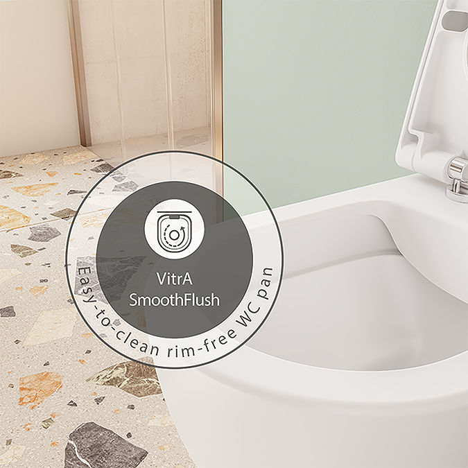 VitrA Evi Round Rimless Toilet with Soft-Close Seat + Concealed WC Dual Flush Cistern with Wall Hung Frame (Brushed Gold Flush Plate) - Image 9