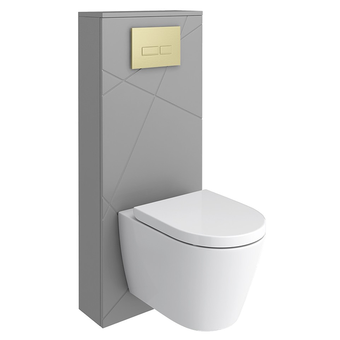 Voyage Tall WC Toilet Unit with Concealed Cistern Frame, Wall Hung Pan & Brushed Brass Flush Plate - Cool Grey - Image 5
