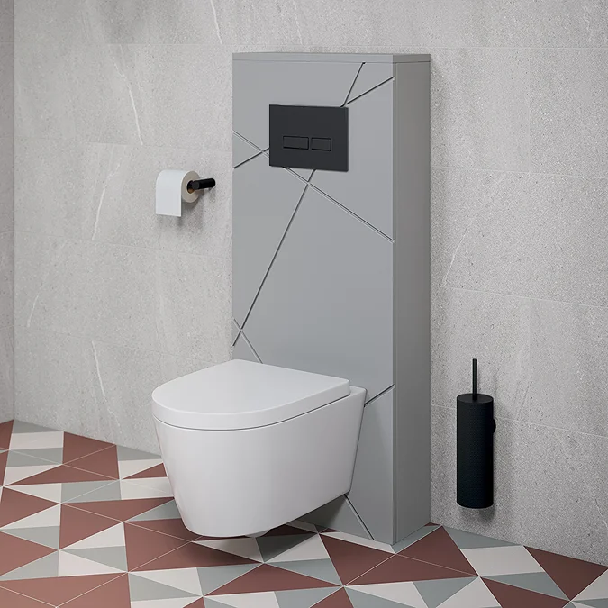 Voyage Tall WC Toilet Unit with Concealed Cistern Frame, Wall Hung Pan & Matt Black Flush Plate - Cool Grey - Image 2
