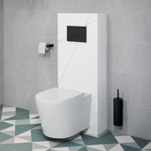 Voyage Tall WC Toilet Unit with Concealed Cistern Frame, Wall Hung Pan & Matt Black Flush Plate - Arctic White