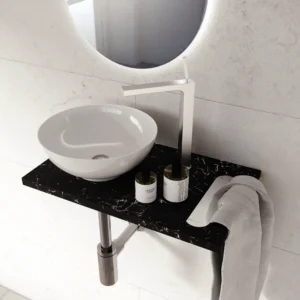 Arezzo 500mm Black Carrara Marble Floating Shelf with Towel Rail & Round Gloss White Basin