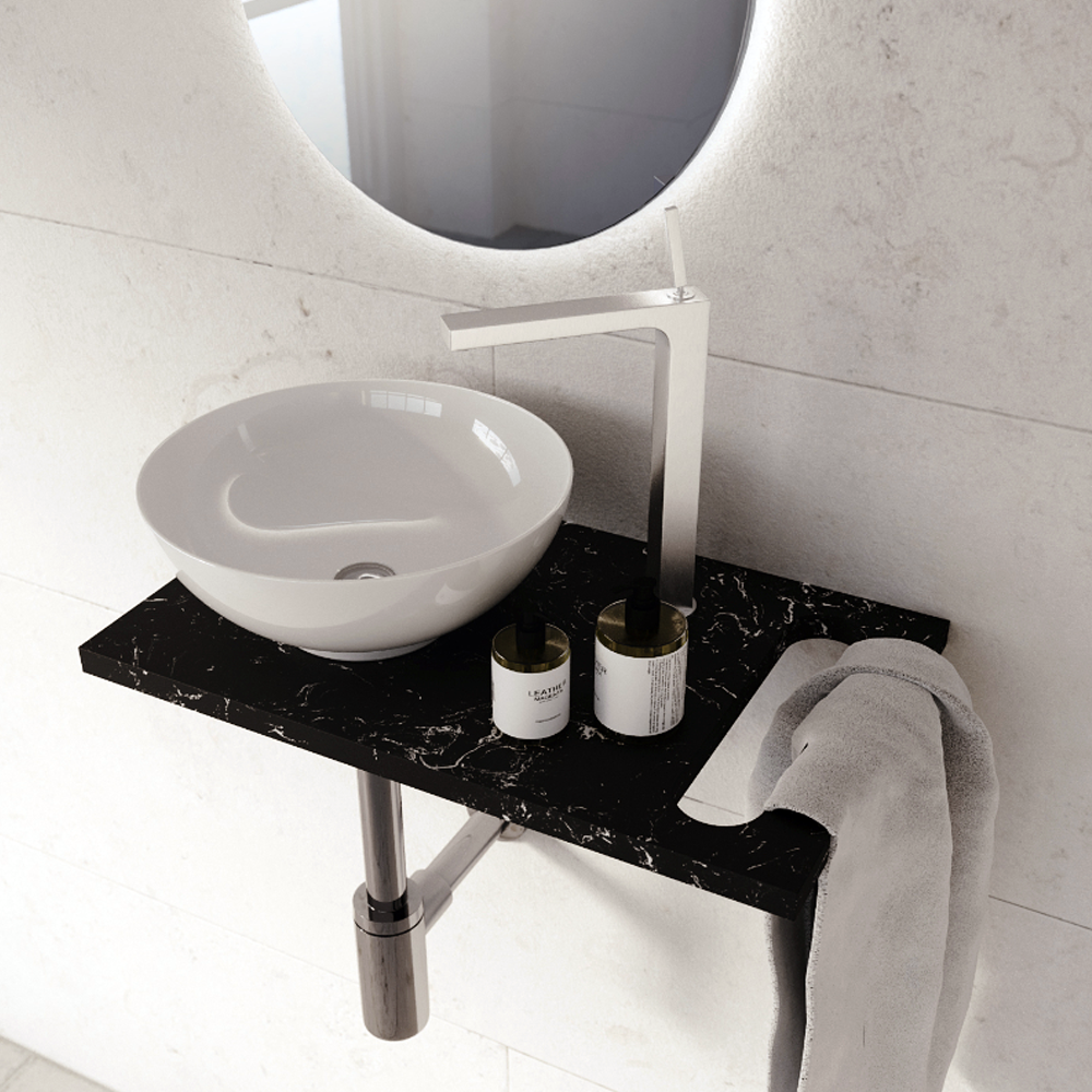Arezzo 500mm Black Carrara Marble Floating Shelf with Towel Rail & Round Gloss White Basin