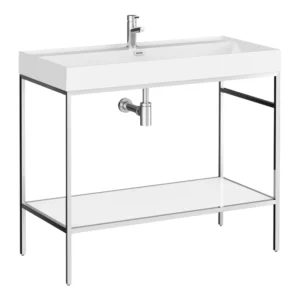 Arezzo 1000 Chrome Framed Washstand with Gloss White Open Shelf and Basin
