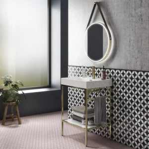 Arezzo 600 Brushed Brass Framed Washstand with Gloss White Open Shelf and Basin