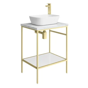 Arezzo 610 White Marble Effect Worktop with Brushed Brass Framed Washstand & Gloss White Rectangular Basin