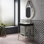 Arezzo 600 Brushed Brass Framed Washstand with Gloss White Open Shelf and Matt Black Basin