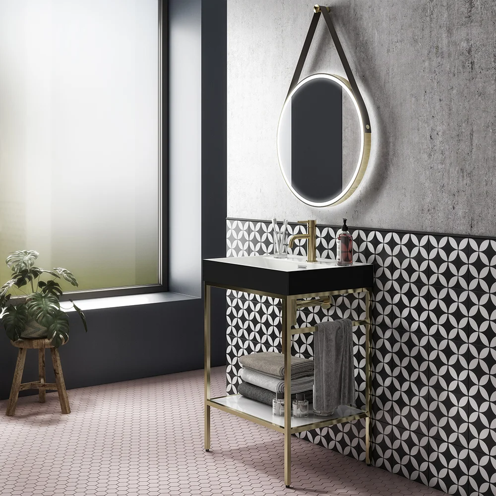 Arezzo 600 Brushed Brass Framed Washstand with Gloss White Open Shelf and Matt Black Basin