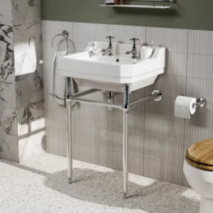 Trafalgar 560mm Basin with Upstand and Traditional Chrome Wash Stand 2 Tap Hole