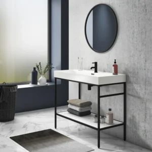 Arezzo 1000 Matt Black Framed Washstand with Gloss White Open Shelf and Basin