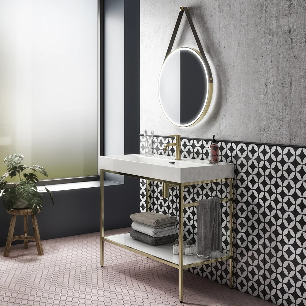 Arezzo 1000 Brushed Brass Framed Washstand with Gloss White Open Shelf and Basin