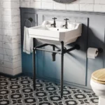 Trafalgar 560mm Basin with Upstand and Traditional Matt Black Wash Stand 2 Tap Hole