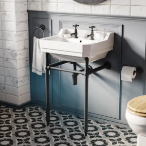 Trafalgar 560mm Basin with Upstand and Traditional Matt Black Wash Stand 2 Tap Hole