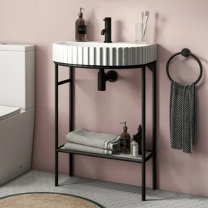 Arezzo D Shaped Matt Black Washstand with Gloss White Open Shelf and Fluted Basin