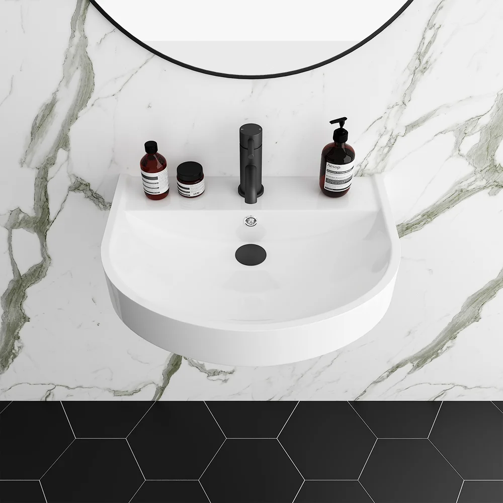 Arezzo D Shaped Curved Wall Mounted Stone Resin Basin 1TH (554 x 437mm)