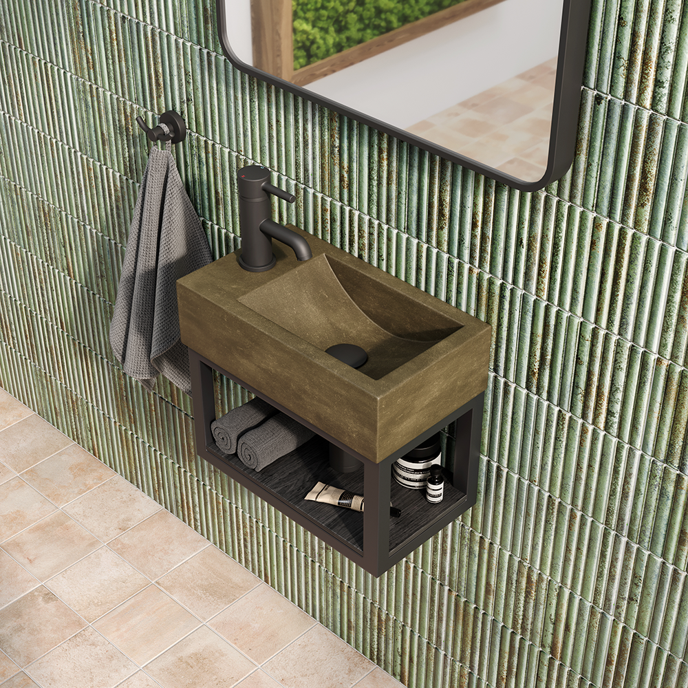 Arezzo Stone Wall Hung Vintage Brown Cloakroom Basin with Matt Black Towel Shelf