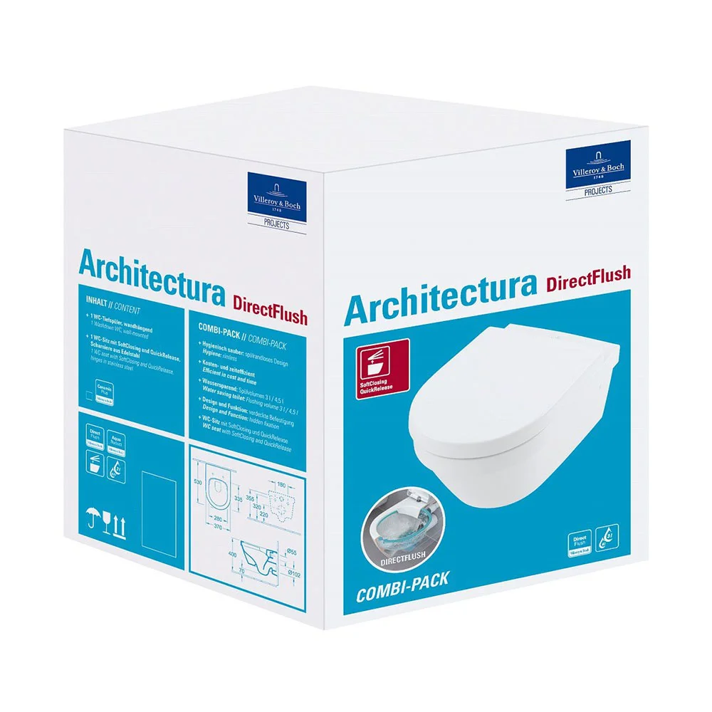 Villeroy and Boch Architectura DirectFlush Rimless Wall Hung Toilet + Soft Close Seat - Image 3