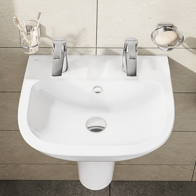 VitrA S20 Wall Mounted Basin and Half Pedestal - 2 Tap Hole - Image 2