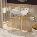 Trafalgar 560mm Basin with Upstand and Traditional Brushed Brass Wash Stand 2 Tap Hole