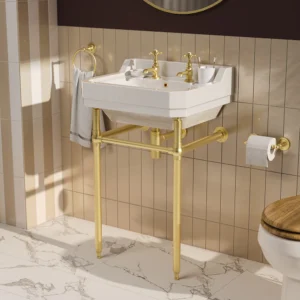 Trafalgar 560mm Basin with Upstand and Traditional Brushed Brass Wash Stand 2 Tap Hole