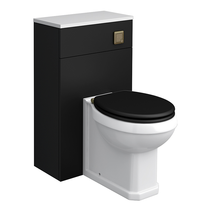 Alchemy 500mm Matt Black WC Unit with Granite Lid & Back to Wall Toilet Set - Antique Brass Flush