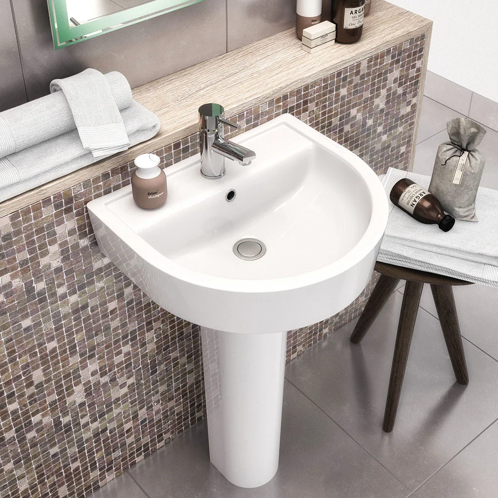 Arezzo 520mm Round Basin with 1 Tap Hole & Full Pedestal – Gloss White - Image 3