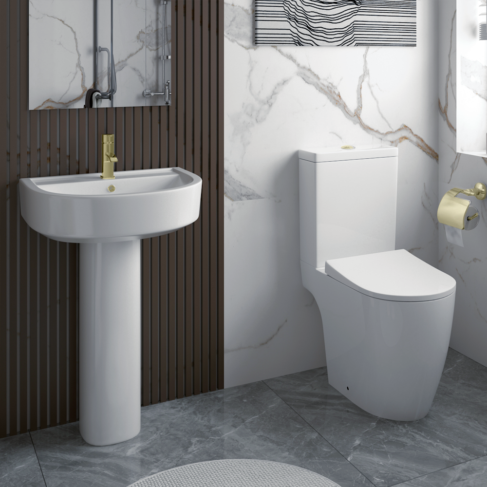 Arezzo Compact Close Coupled Toilet with Soft Close Seat (Brushed Brass Flush + Hinges) - Image 4