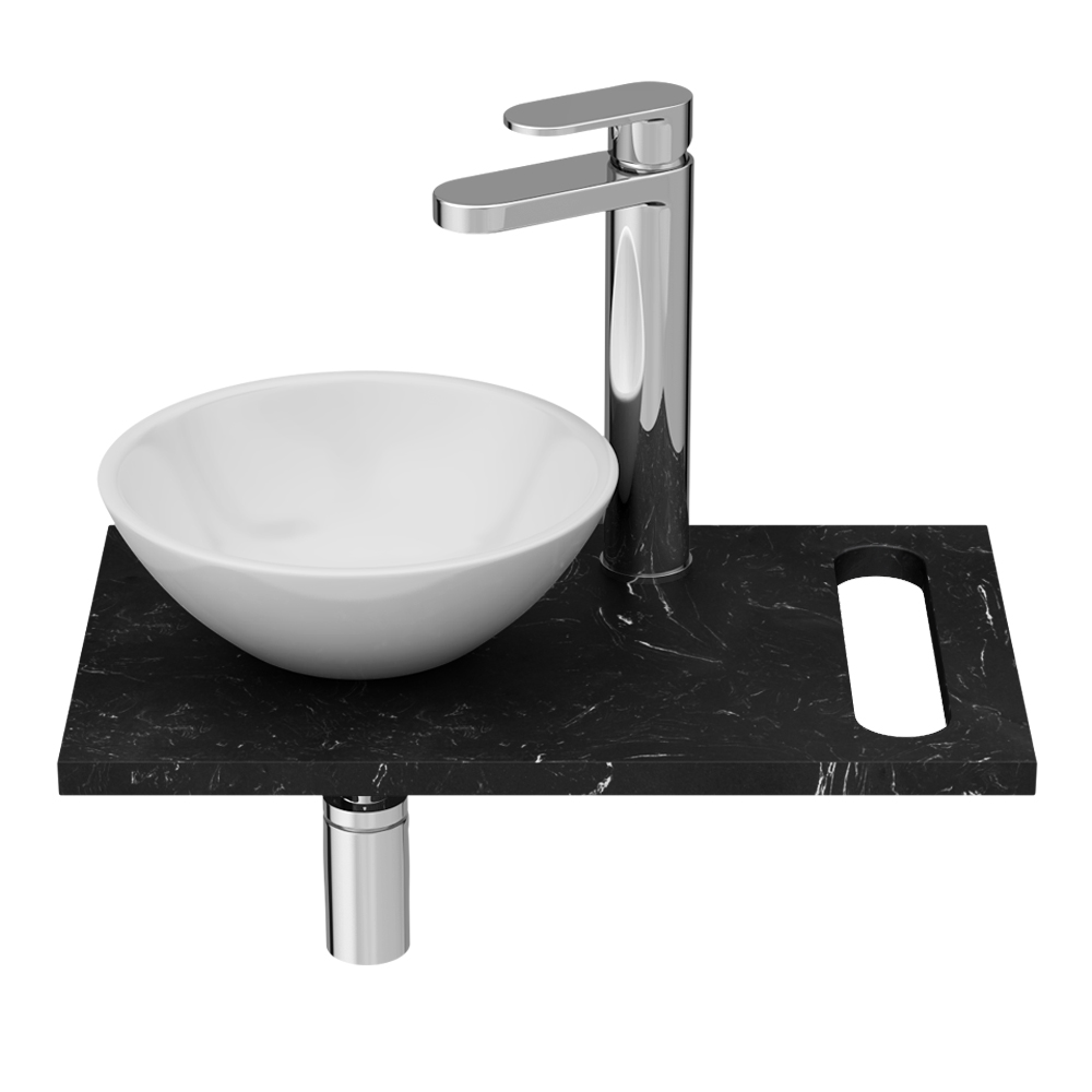 Arezzo 500mm Black Carrara Marble Floating Shelf with Towel Rail & Round Gloss White Basin - Image 2