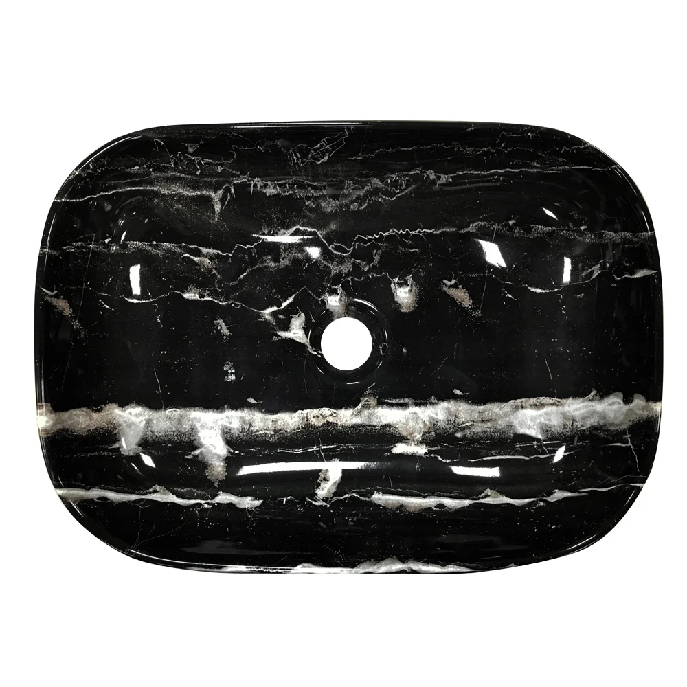 Arezzo 455 x 325mm Curved Rectangular Counter Top Basin - Gloss Black Marble Effect - Image 2