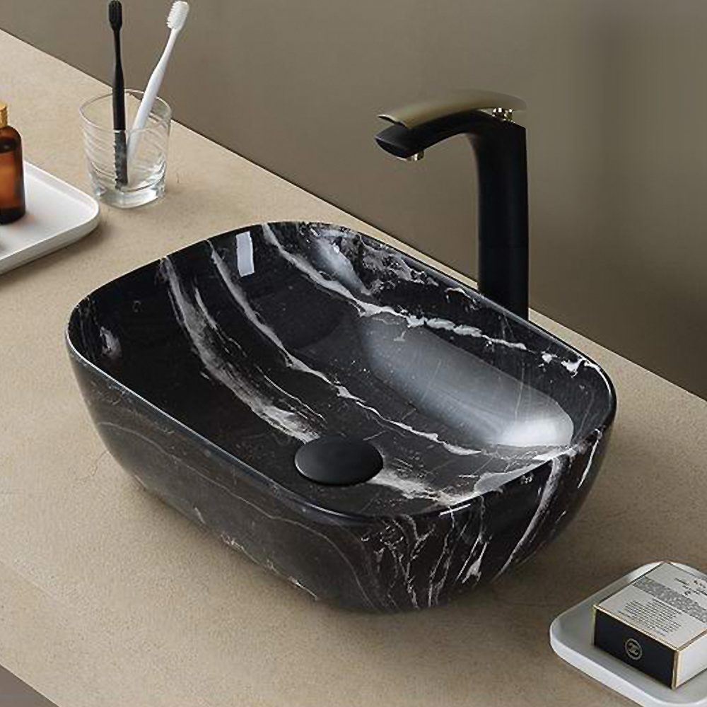Arezzo 455 x 325mm Curved Rectangular Counter Top Basin - Gloss Black Marble Effect - Image 3
