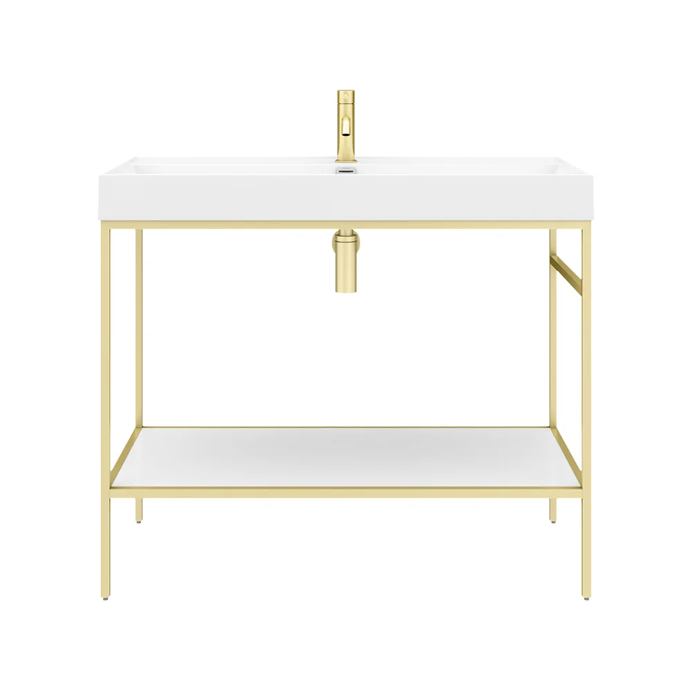 Arezzo 1000 Brushed Brass Framed Washstand with Gloss White Open Shelf and Basin - Image 3
