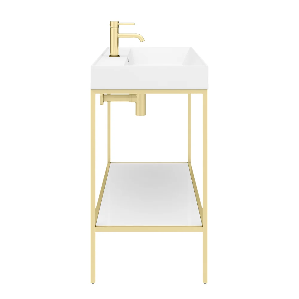 Arezzo 1000 Brushed Brass Framed Washstand with Gloss White Open Shelf and Basin - Image 2
