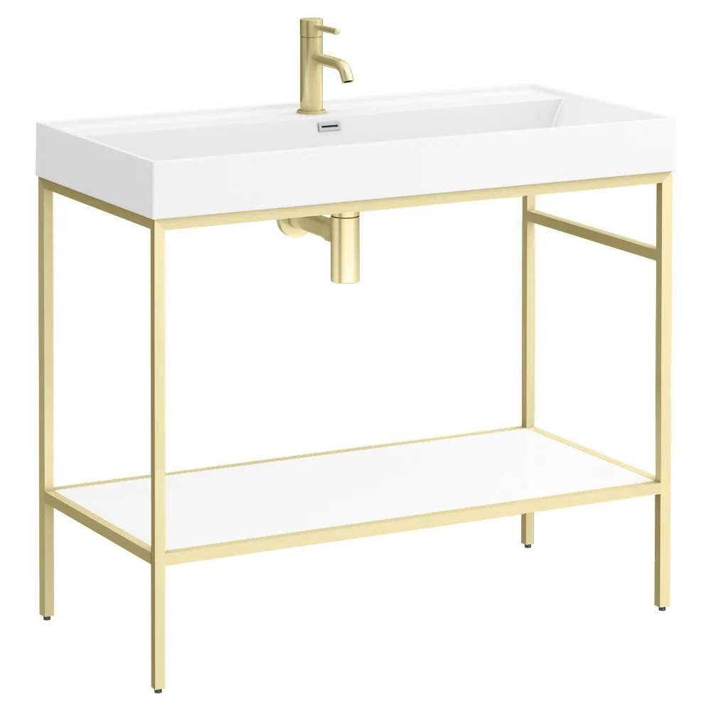 Arezzo 1000 Brushed Brass Framed Washstand with Gloss White Open Shelf and Basin - Image 4