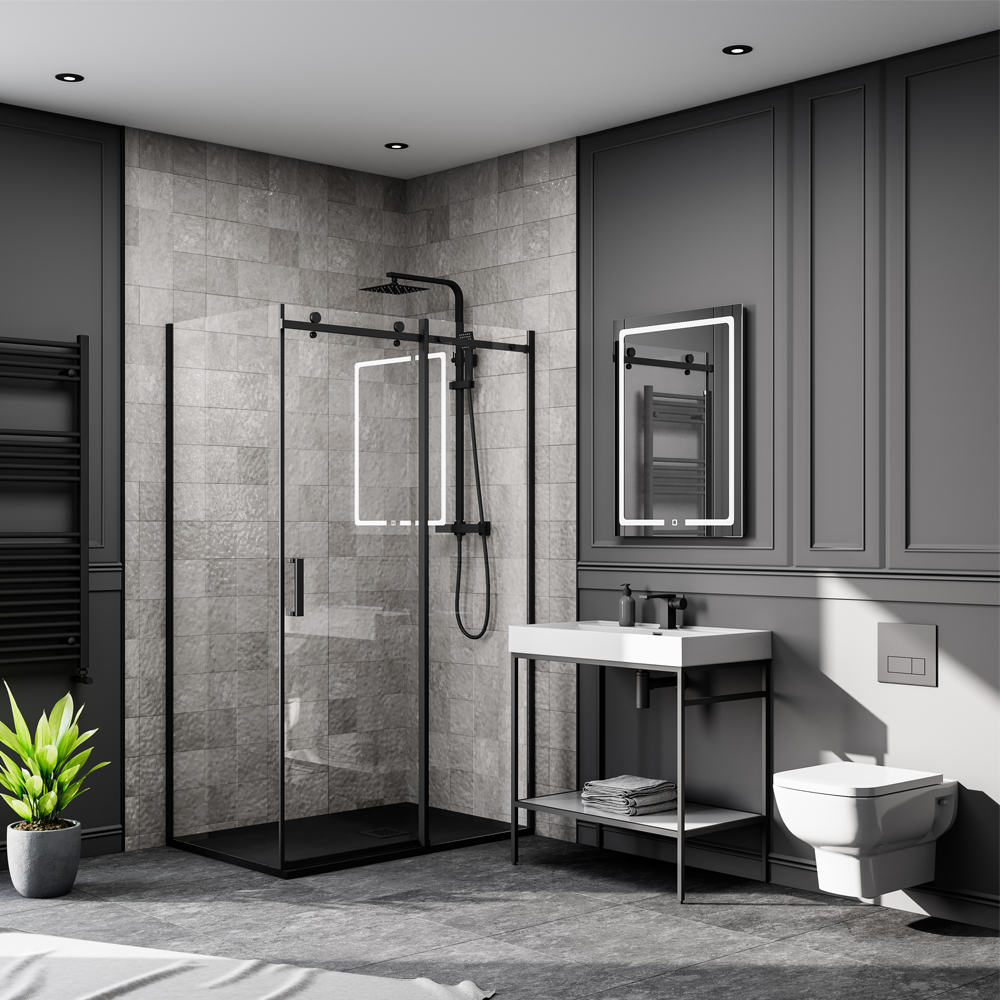 Arezzo 1000 Matt Black Framed Washstand with Gloss White Open Shelf and Basin - Image 3