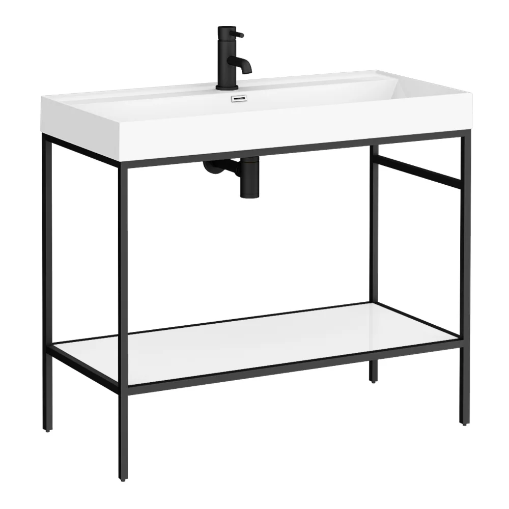 Arezzo 1000 Matt Black Framed Washstand with Gloss White Open Shelf and Basin - Image 7