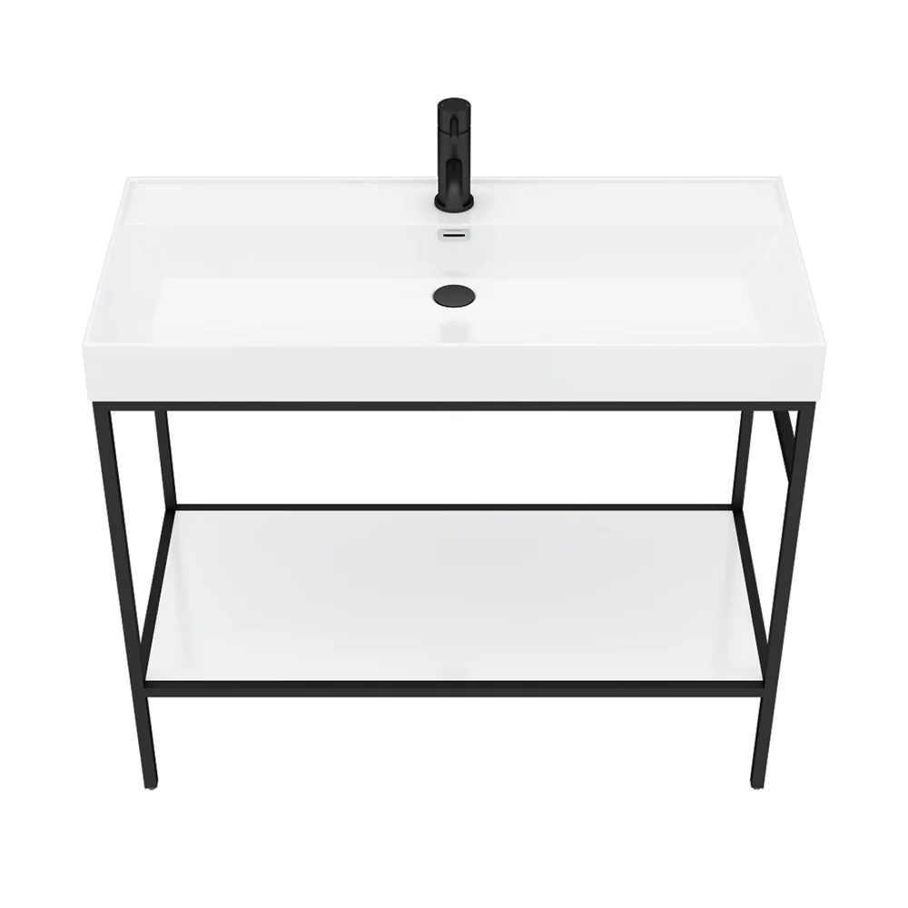 Arezzo 1000 Matt Black Framed Washstand with Gloss White Open Shelf and Basin - Image 5