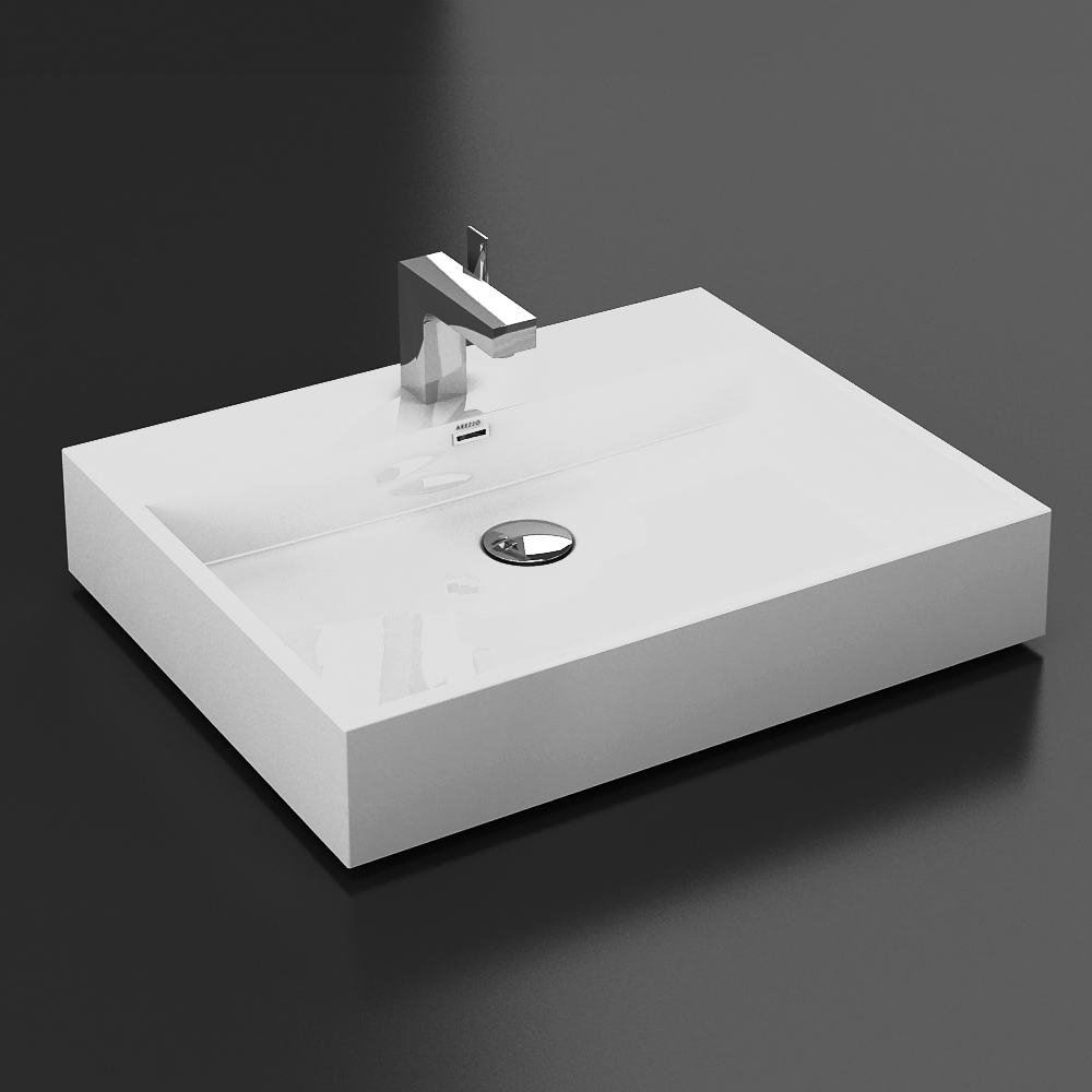 Arezzo Gloss White Counter Top Basin – Square Stone Resin, 600 x 480mm, 1 Tap Hole